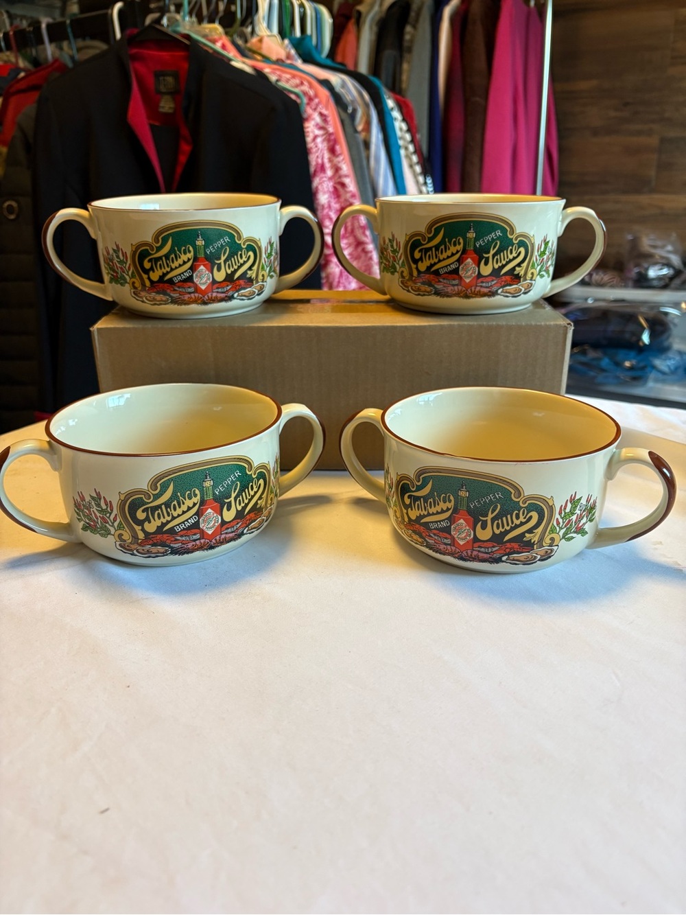 Tabasco 4 McIlhenny Co Stoneware Seafood Double Handle Gumbo Bowls 5"x3" Vtg